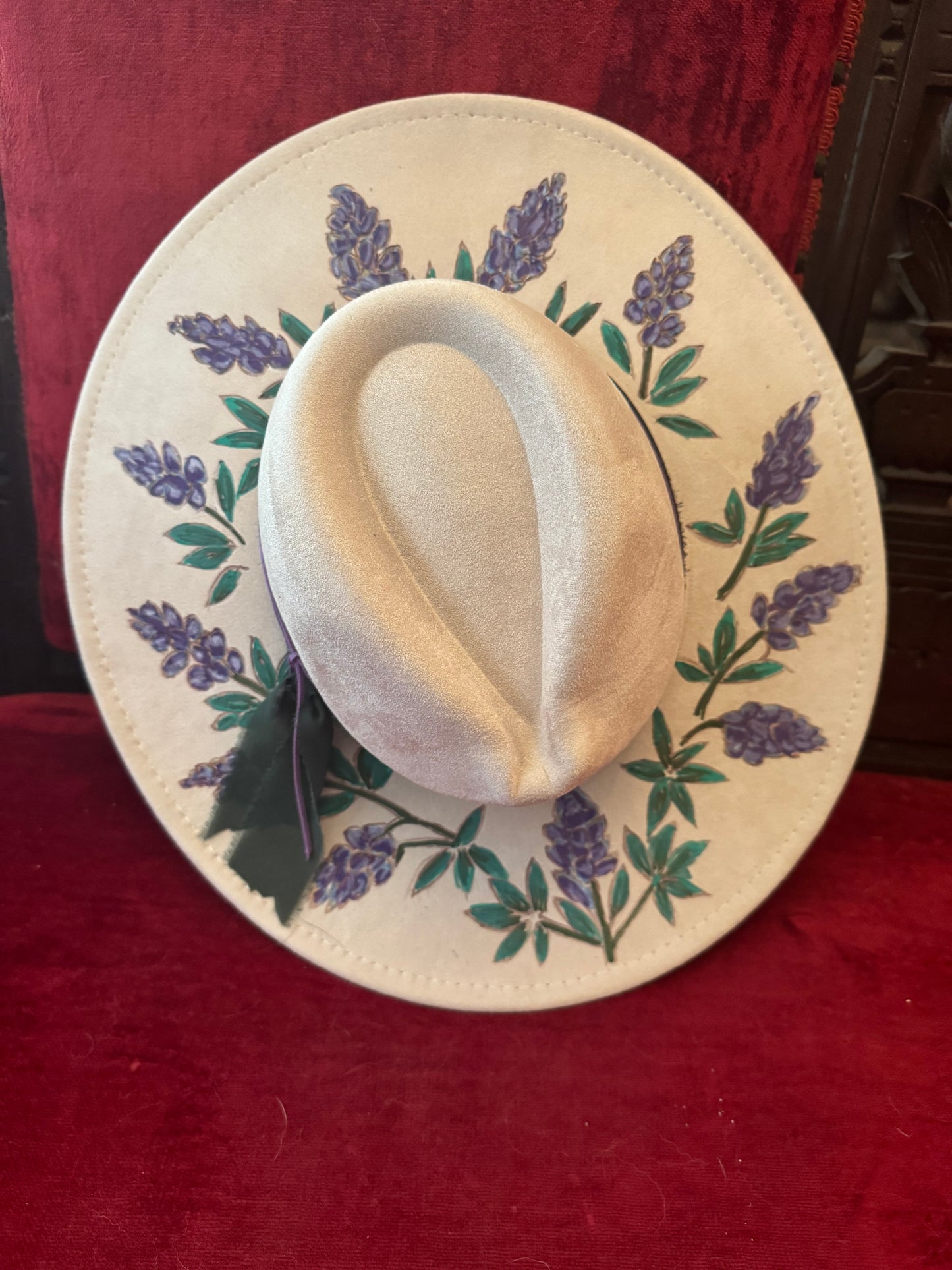 Hand painted wide brim fedora with bluebonnet detailing