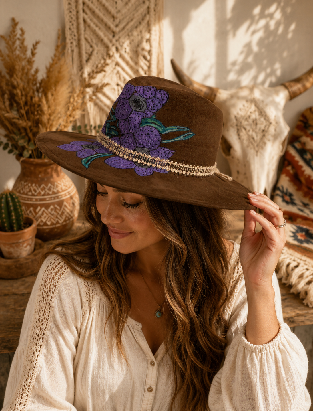 Hand painted purple iris wide brim fedora hat.