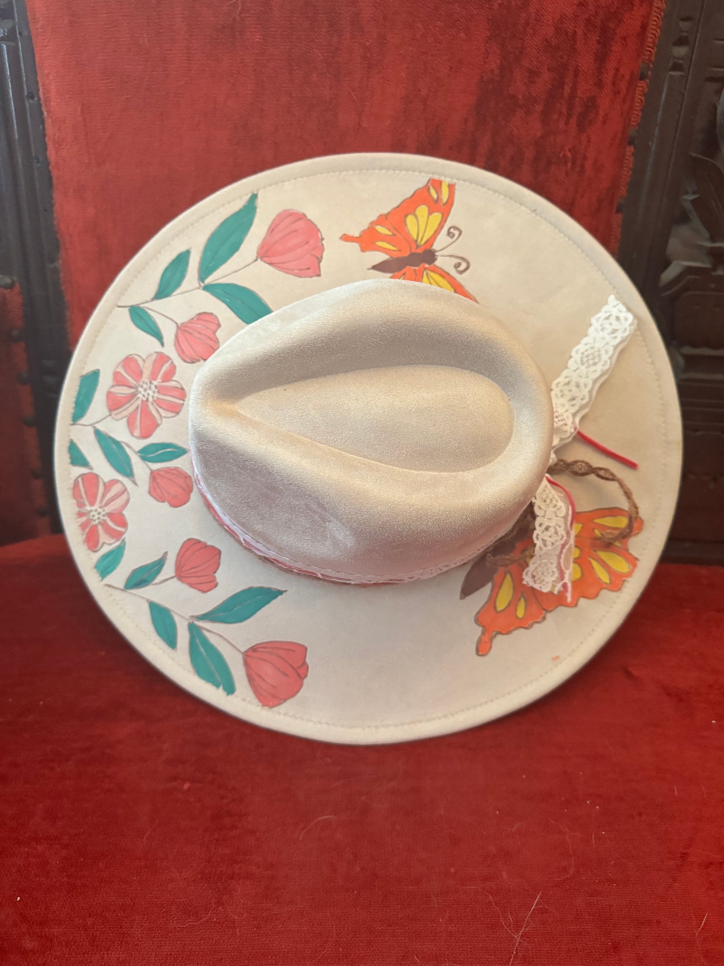 Hand painted hat with butterfly details