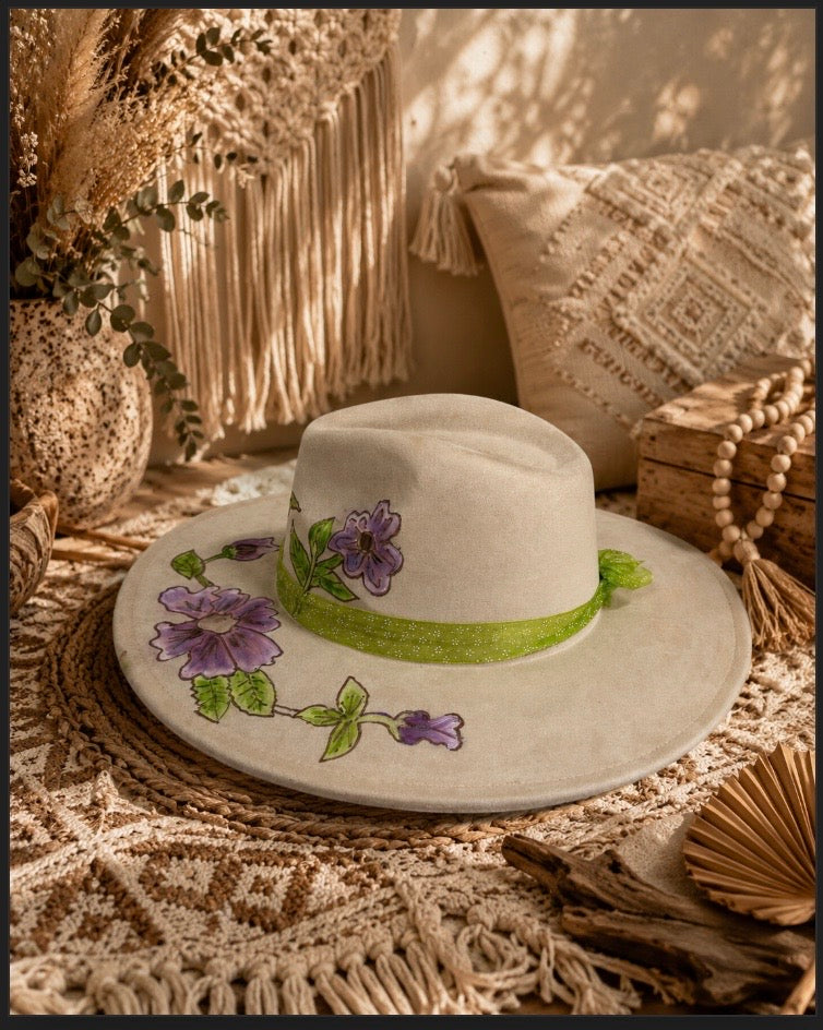 Purple flower hand painted wide brim fedora hat