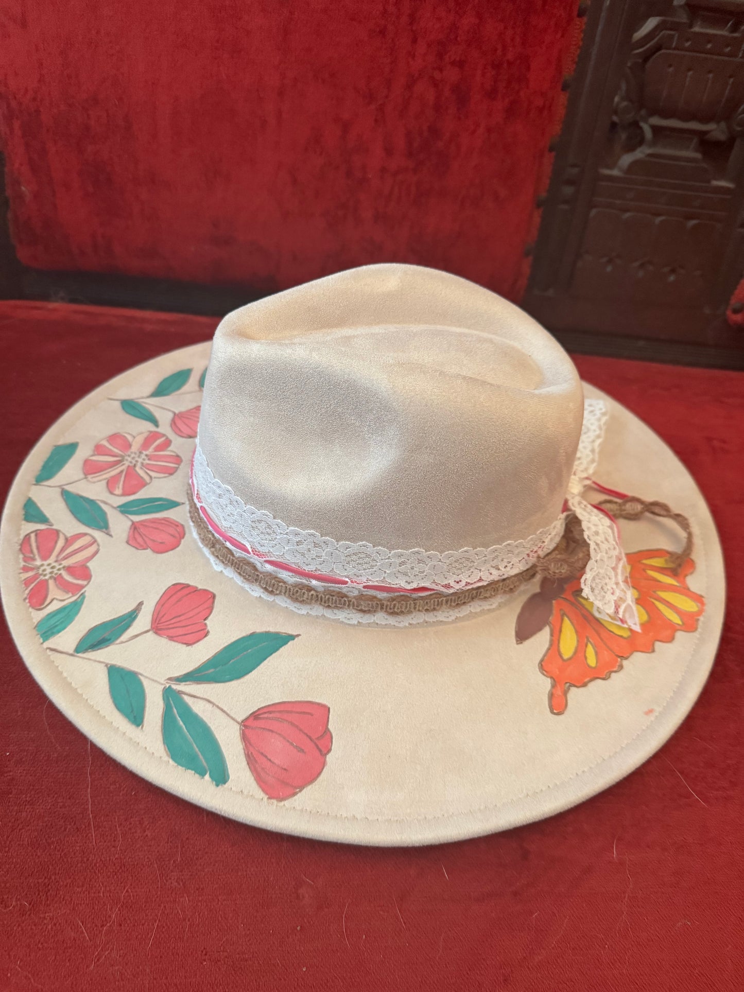Hand painted hat with butterfly details