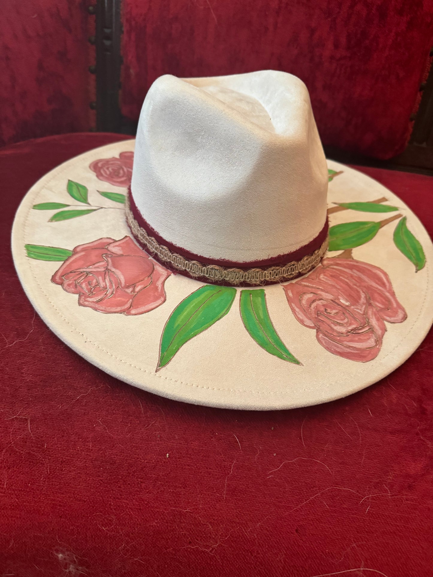 Hand painted hat with rose detail