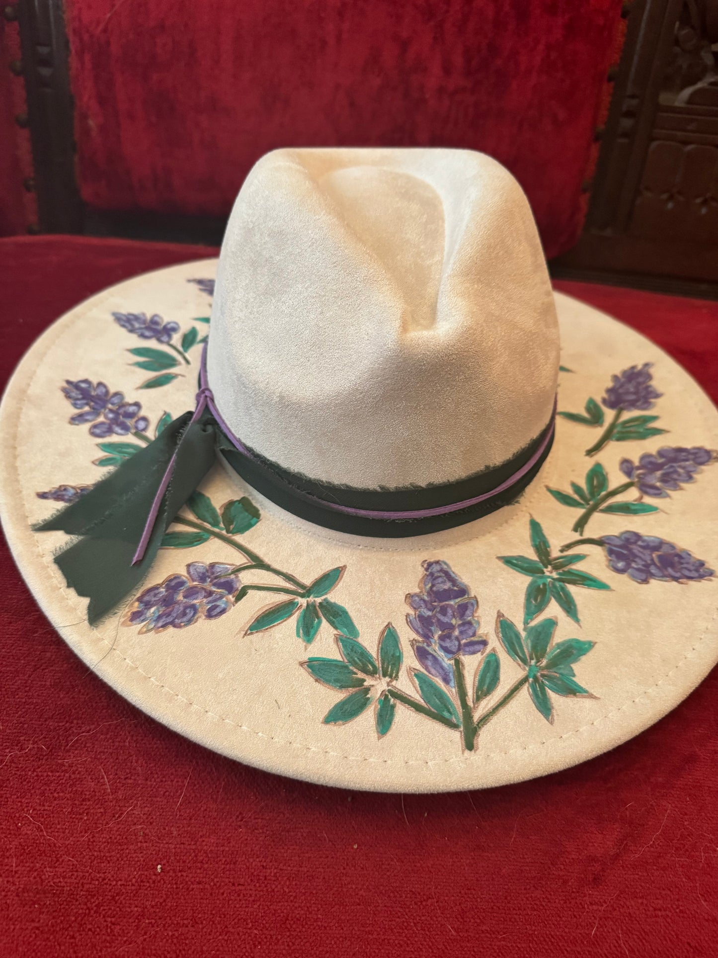 Hand painted wide brim fedora with bluebonnet detailing