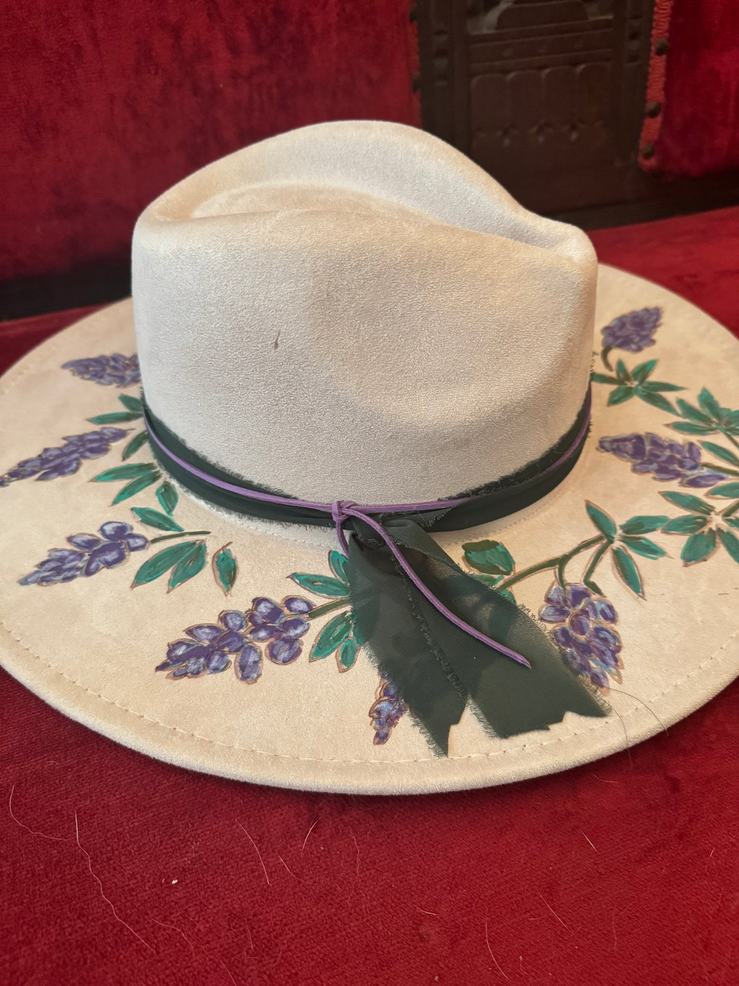 Hand painted wide brim fedora with bluebonnet detailing