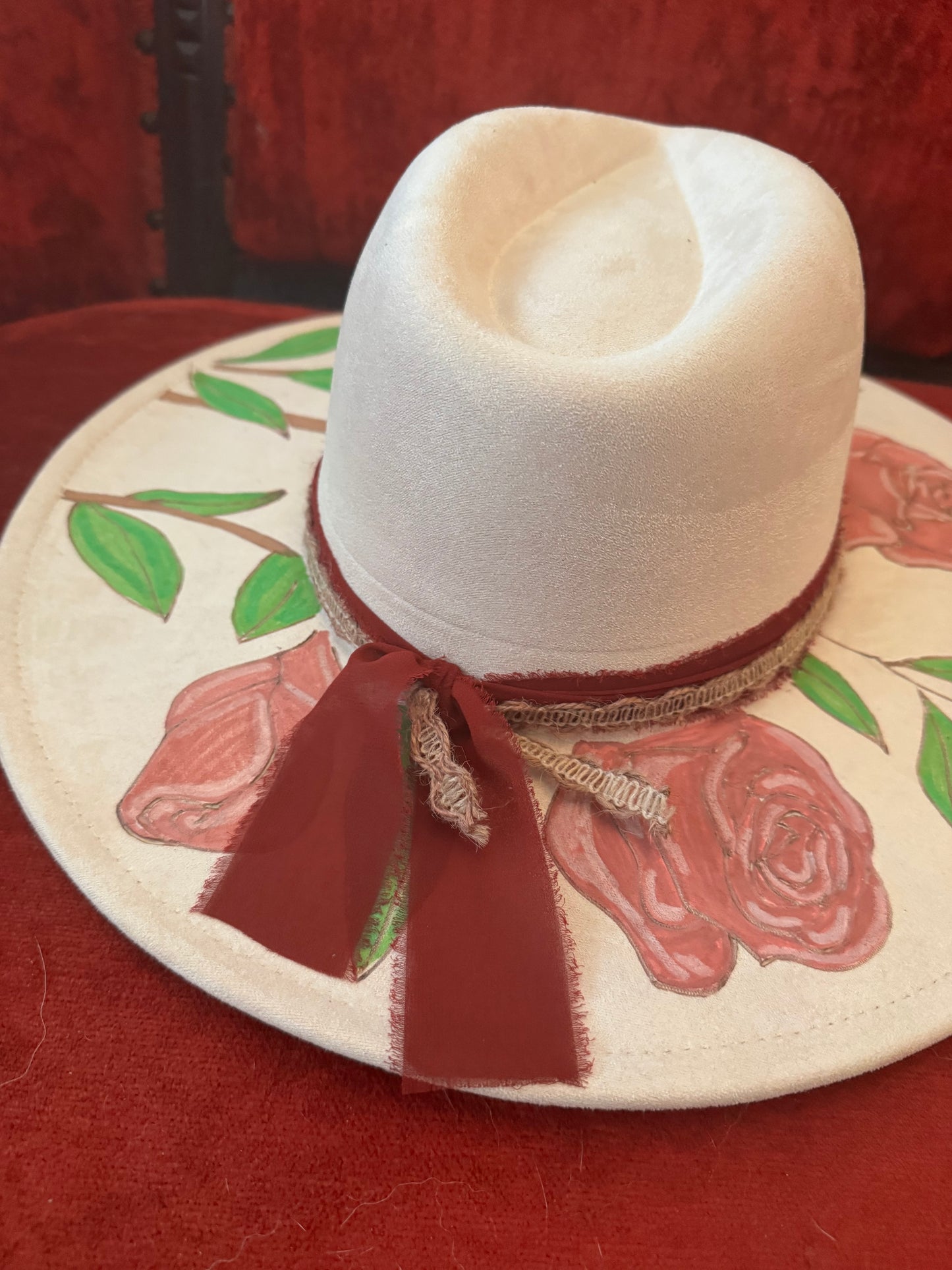 Hand painted hat with rose detail