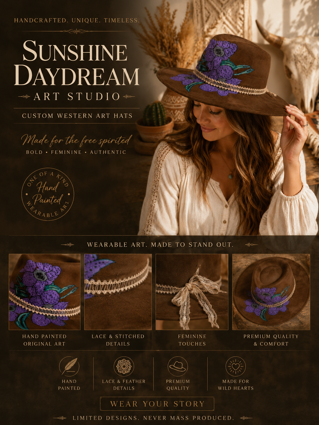 Hand painted purple iris wide brim fedora hat.