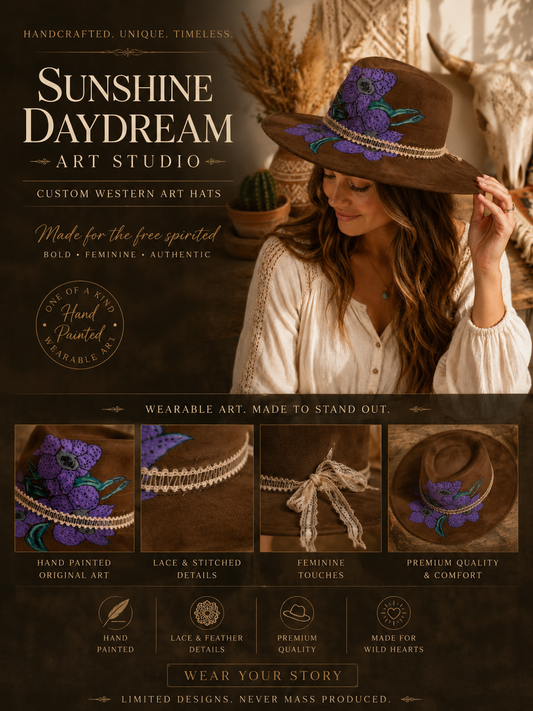Hand painted purple iris wide brim fedora hat.