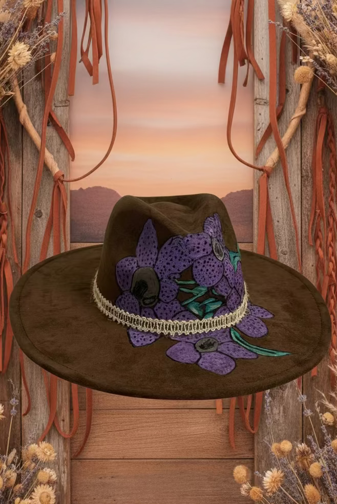 Hand painted purple iris wide brim fedora hat.