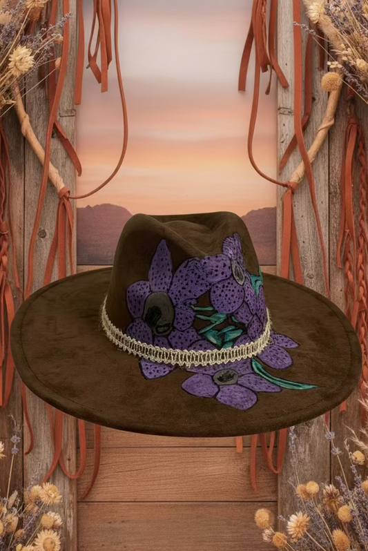 Hand painted purple iris wide brim fedora hat.