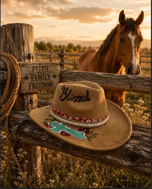 Blessed Hand-Painted wide brim Fedora Hat